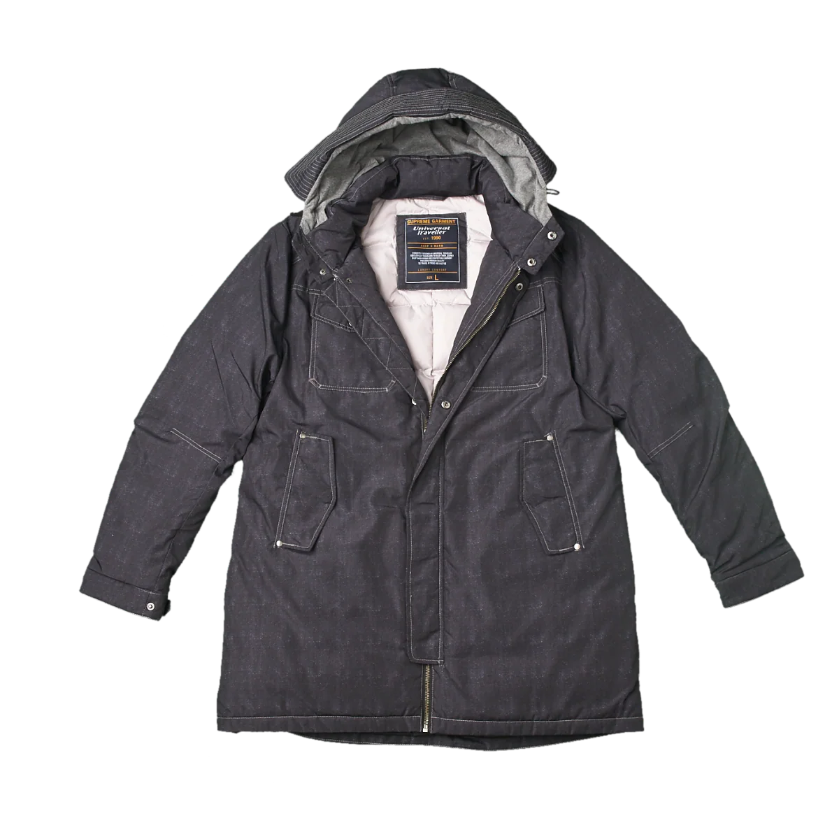 Denim-Like Down Jacket with Jersey Hood - Image 4