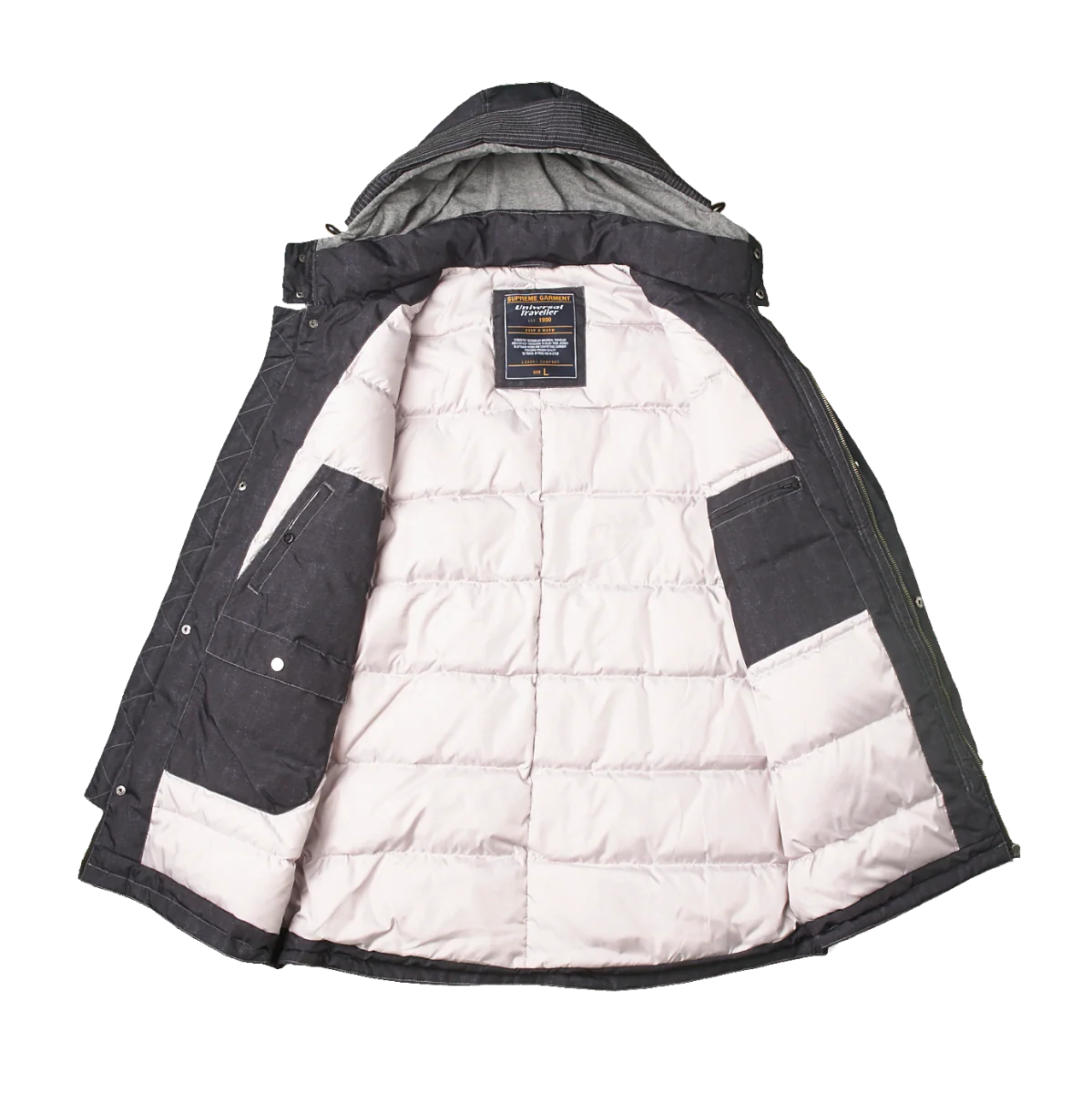 Denim-Like Down Jacket with Jersey Hood - Image 5