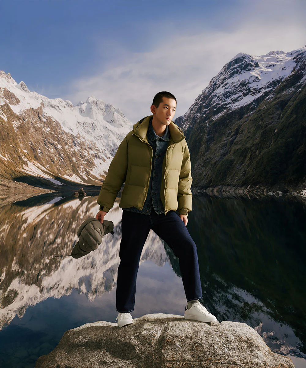 Men's Stylish, Layered Look With Denim Panel Down Jacket - Image 2