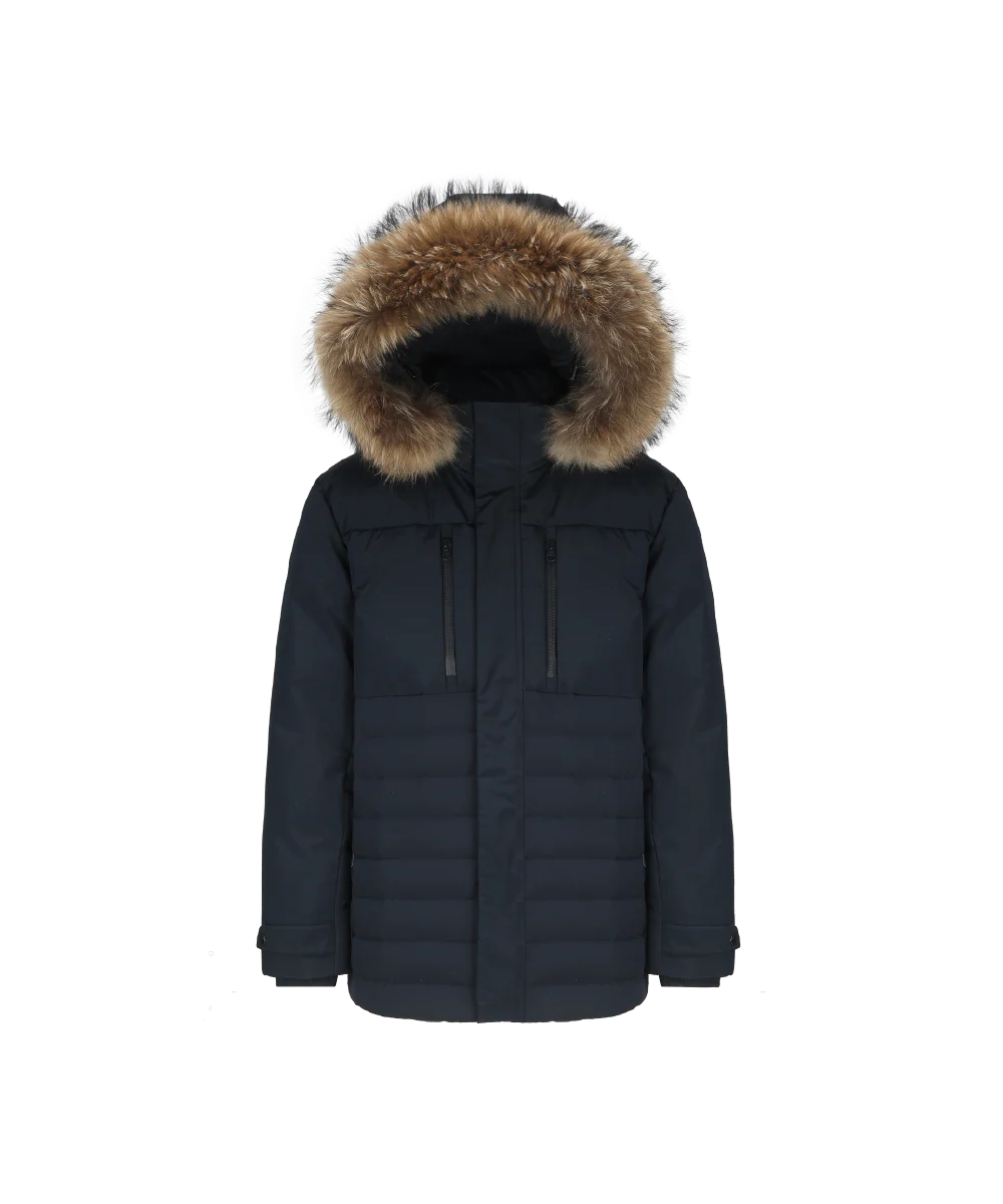 Men's Mystic Mixed Fabrication Goose Down Jacket with Genuine Racoon Fur Trim