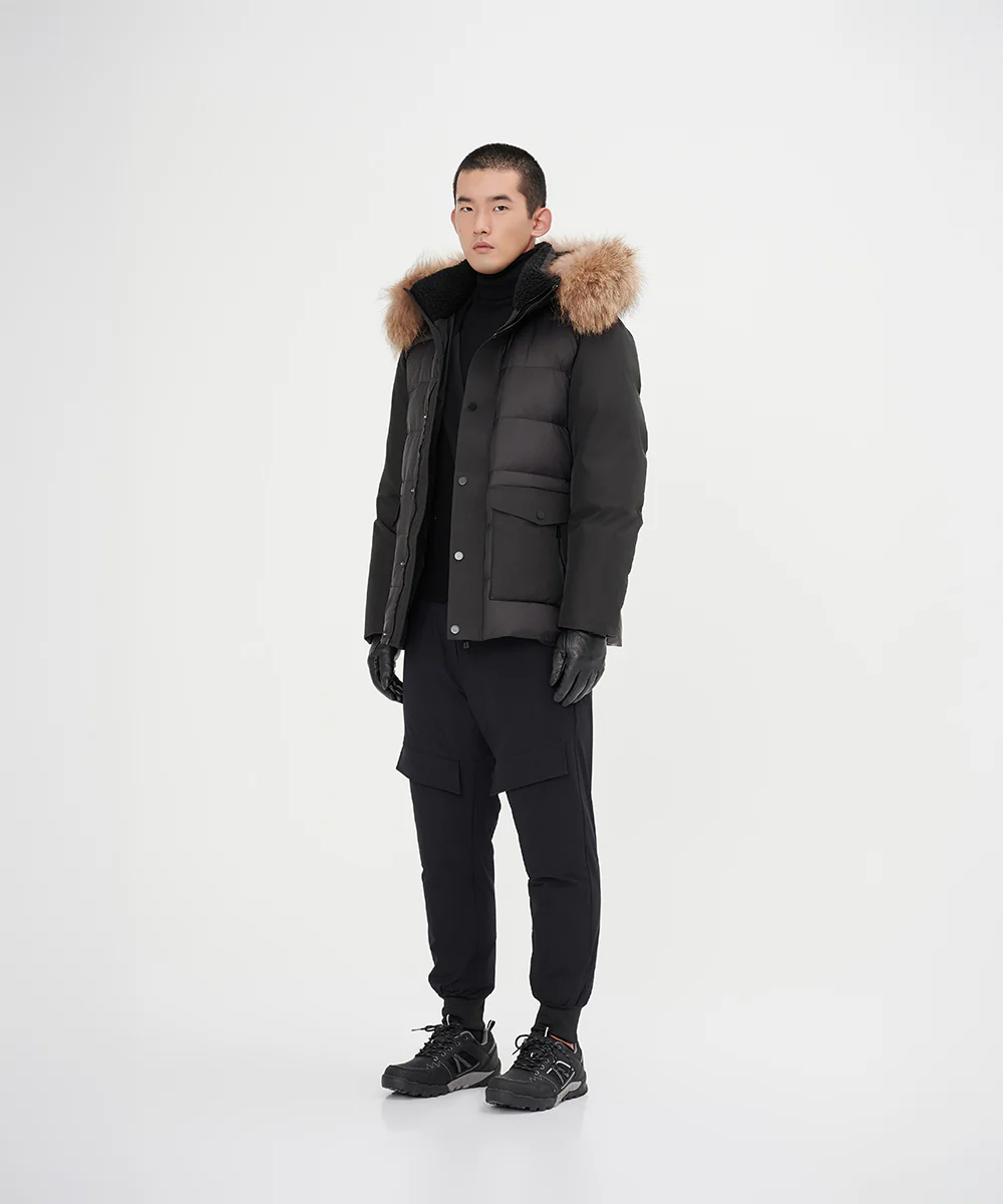 Men's Mixed Fabric Goose Down Jacket With Genuine Raccoon Fur - Image 11