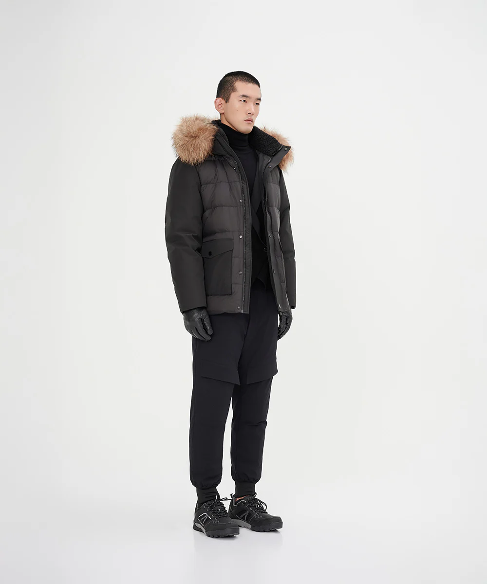 Men's Mixed Fabric Goose Down Jacket With Genuine Raccoon Fur - Image 12