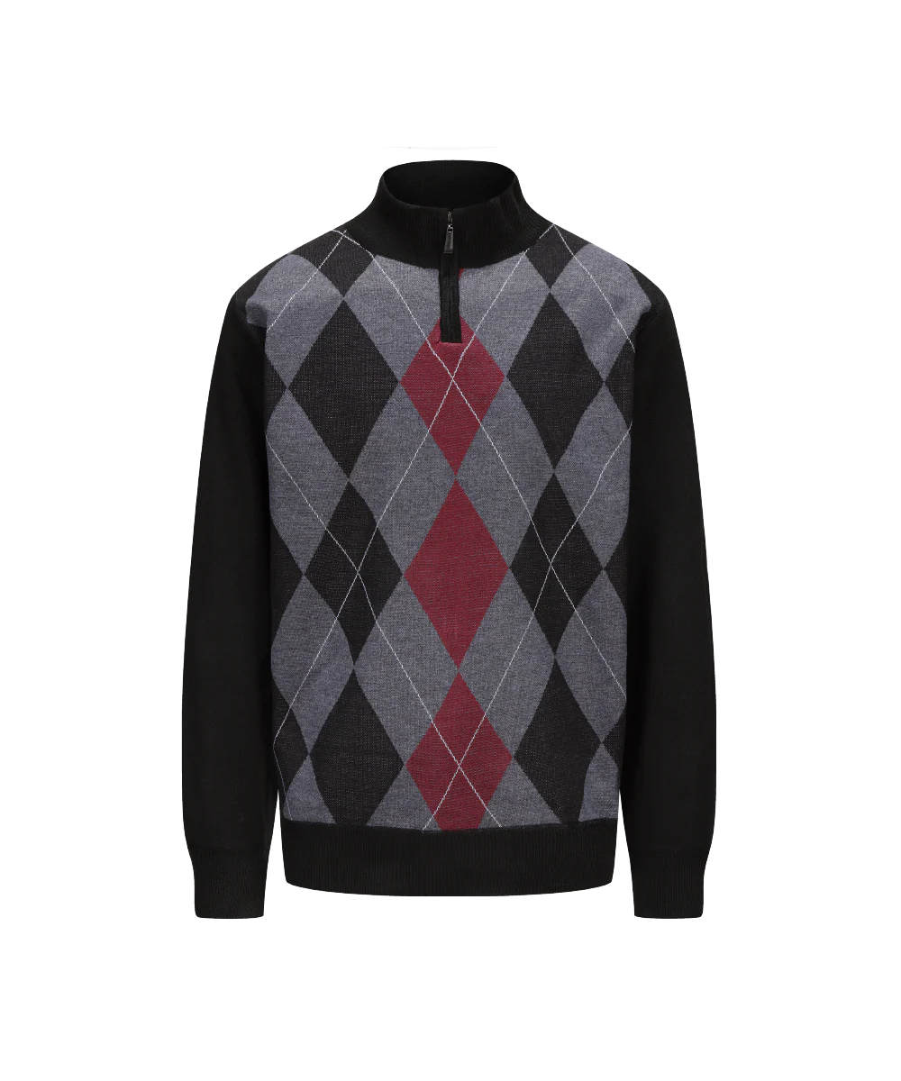 Men's Henley Mock Neck Argyle Pattern Knitted Sweater