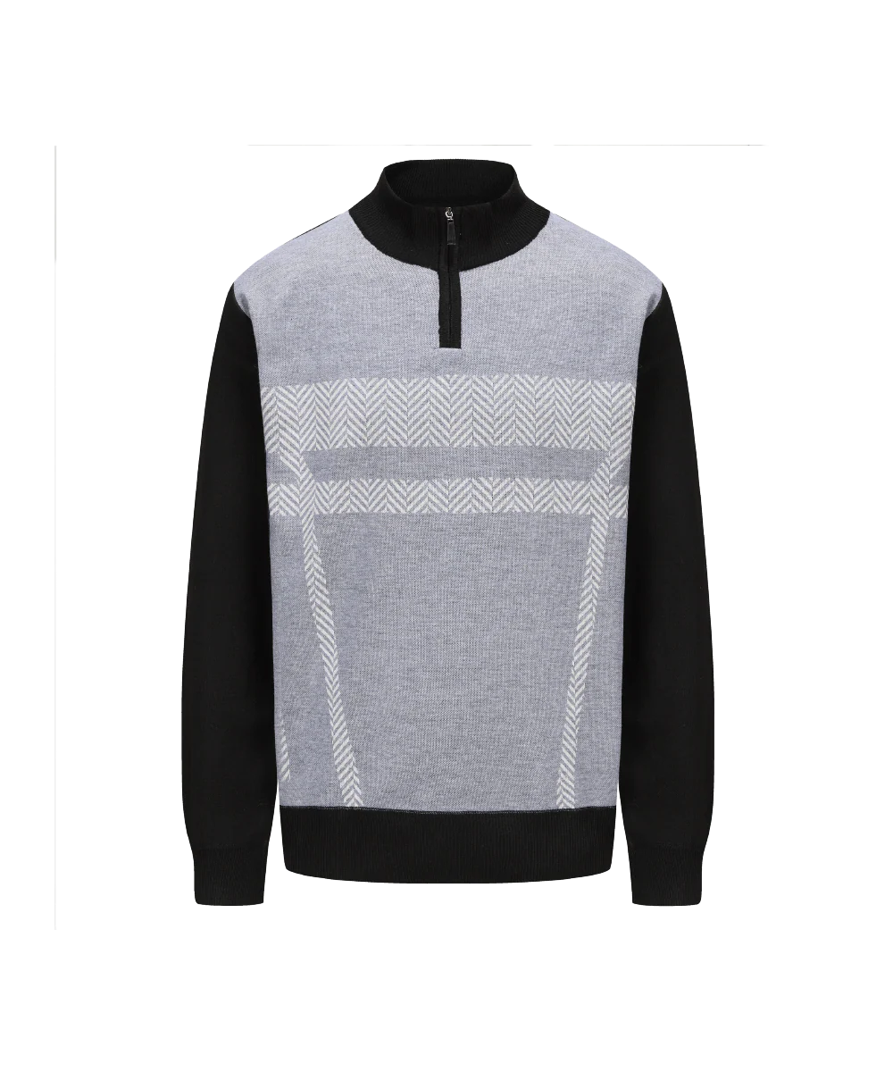 Men's Henley Mock Neck Herringbone Pattern Knitted Sweater