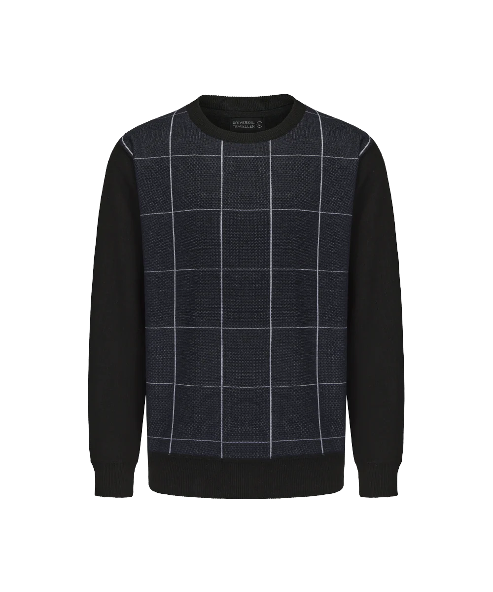 Men's Crew Neck Plaid Line Knitted Sweater