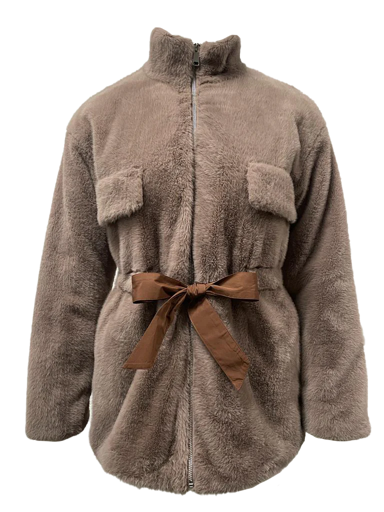 Mock Neck Soft Plush Fleece Jacket With Belt - FJW23250